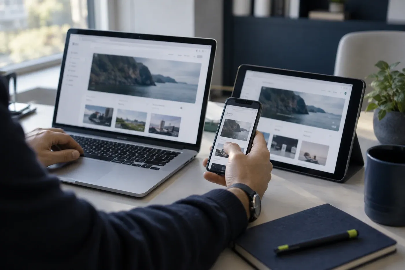 Illustrative hands-on testing of an application across a laptop, tablet, and phone