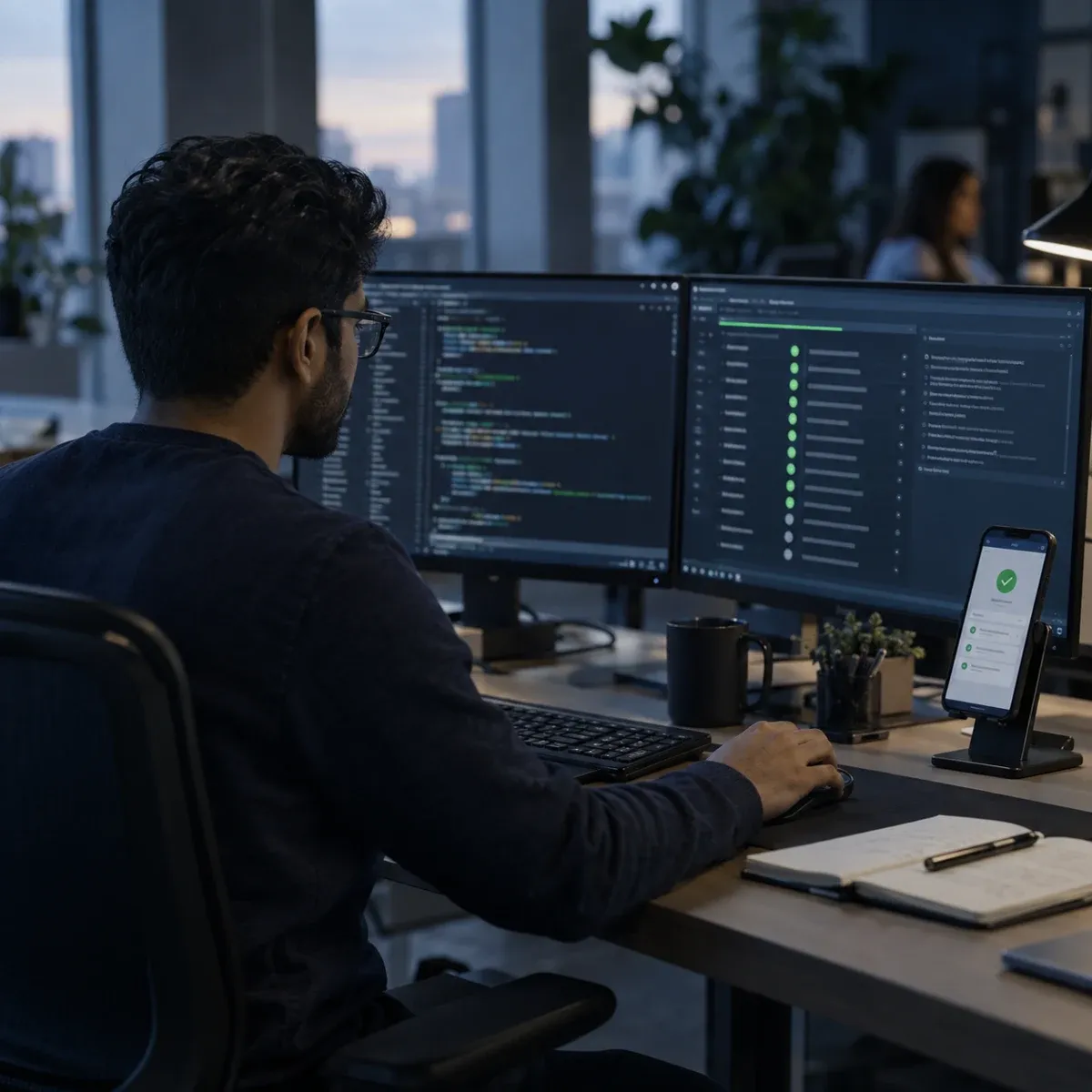 Illustrative software QA engineer reviewing tests across desktop and mobile